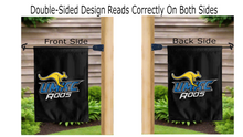 Load image into Gallery viewer, umkc roos logo reading correctly on both sides of black double sided garden flag
