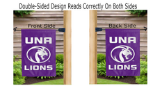 Load image into Gallery viewer, una lions logo reading correctly on both sides of purple double sided garden flag

