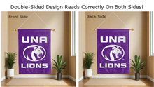 Load image into Gallery viewer, una lions logo reading correctly on both sides of purple double sided house flag
