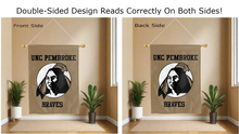 Load image into Gallery viewer, unc pembroke braves logo reading correctly on both sides of gold double sided house flag
