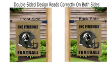 Load image into Gallery viewer, unc pembroke football logo reading correctly on both sides of gold double sided garden flag
