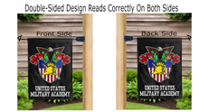 Load image into Gallery viewer, united states military academy seal logo reading correctly on both sides of garden flag
