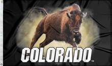 Load image into Gallery viewer, black university of colorado flag with realistic buffalo logo for college dorm decor
