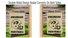 Load image into Gallery viewer, colorado football logo reading correctly on both sides of gold double sided garden flag
