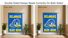 Load image into Gallery viewer, university of delaware blue hens logo reading correctly on both sides of blue double sided house flag
