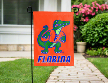 Load image into Gallery viewer, florida garden flag with albert gator logo hung outside for yard decor
