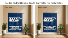 Load image into Gallery viewer, university of illinois springfield logo reading correctly on both sides of blue double sided house flag
