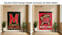 Load image into Gallery viewer, university of maryland logo reading correctly on both sides of black and red double sided house flag
