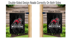 Load image into Gallery viewer, university of montana western logo reading correctly on both sides of black double sided garden flag
