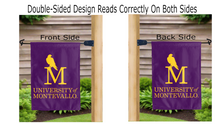 Load image into Gallery viewer, university of montevallo logo reading correctly on both sides of purple double sided garden flag
