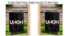 Load image into Gallery viewer, university of northwestern ohio logo reading correctly on both sides of black double sided garden flag
