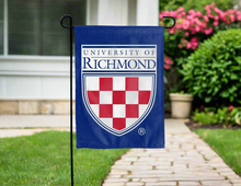 Load image into Gallery viewer, blue university of richmond double sided garden flag with shield logo for yard decor
