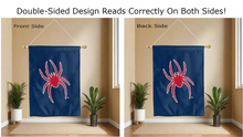 Load image into Gallery viewer, university of richmond spider logo reading correctly on both sides of blue double sided house flag
