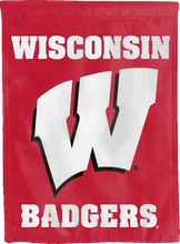 Load image into Gallery viewer, red university of wisconsin badgers double sided house flag for cpllege dorm decor
