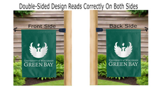 Load image into Gallery viewer, university of wisconsin green bay logo reading correctly on both sides of green double sided garden flag

