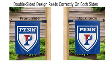 Load image into Gallery viewer, upenn logo reading correctly on both sides of blue double sided garden flag

