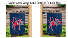 Load image into Gallery viewer, ur spider logo reading correctly on both sides of blue double sided garden flag
