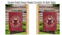 Load image into Gallery viewer, ursinus college logo reading correctly on both sides of red double sided garden flag
