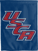 Load image into Gallery viewer, blue usc aiken pacers double sided house flag with usca logo for game day decor
