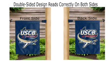 Load image into Gallery viewer, uscb sand sharks logo reading correctly on both sides of blue double sided garden flag
