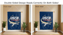 Load image into Gallery viewer, uscb sand sharks logo reading correctly on both sides of blue double sided house flag
