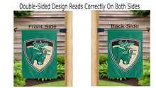 Load image into Gallery viewer, usf bulls shield logo reading correctly on both sides of green garden flag
