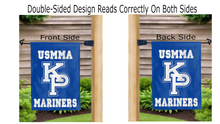 Load image into Gallery viewer, usmma mariners logo reading correctly on both sides of blue double sided garden flag
