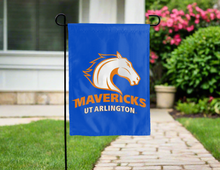 Load image into Gallery viewer, blue ut arlington double sided garden flag hung outside for yard decor

