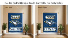 Load image into Gallery viewer, utc mocs logo reading correctly on both sides of blue double sided house flag
