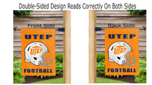 Load image into Gallery viewer, utep miners football logo reading correctly on both sides of orange double sided garden flag
