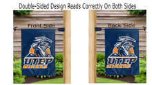 Load image into Gallery viewer, utep miners logo reading correctly on both sides of blue double sided garden flag
