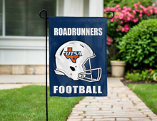 Load image into Gallery viewer, blue utsa football double sided garden flag hung outside for yard decor
