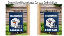 Load image into Gallery viewer, utsa roadrunners football logo reading correctly on both sides of blue double sided garden flag
