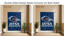 Load image into Gallery viewer, utsa roadrunners logo reading correctly on both sides of blue double sided house flag
