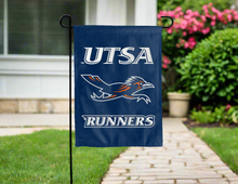 Load image into Gallery viewer, blue utsa runners double sided garden flag hung outside for yard decor
