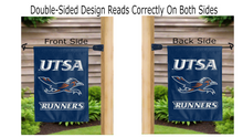 Load image into Gallery viewer, utsa runners logo reading correctly on both sides of blue double sided garden flag
