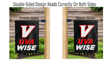 Load image into Gallery viewer, uva wise logo reading correctly on both sides of black garden flag
