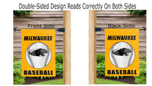 Load image into Gallery viewer, uw milwaukee panthers baseball logo reading correctly on both sides of gold double sided garden flag
