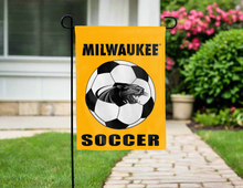 Load image into Gallery viewer, uw milwaukee soccer garden flag hung outside for yard decor
