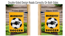 Load image into Gallery viewer, uw milwaukee soccer logo reading correctly on both sides of gold double sided garden flag
