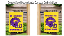 Load image into Gallery viewer, uw-stevens point football logo reading correctly on both sides of gold double sided garden flag
