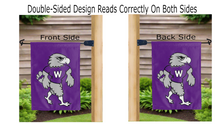 Load image into Gallery viewer, uw whitewater warhawk logo reading correctly on both sides of purple double sided garden flag

