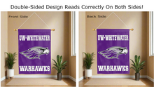 Load image into Gallery viewer, uw whitewater warhawks logo reading correctly on both sides of purple double sided house flag
