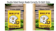 Load image into Gallery viewer, valpo football logo reading correctly on both sides of gold double sided garden flag
