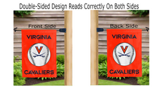 Load image into Gallery viewer, virginia cavaliers baseball logo reading correctly on both sides of orange garden flag
