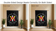 Load image into Gallery viewer, virginia military institute logo reading correctly on both sides of black double sided house flag
