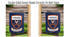 Load image into Gallery viewer, virginia shield and go cavaliers logo reading correctly on both sides of garden flag
