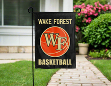 Load image into Gallery viewer, black wake forest basketball garden flag hung outside for yard decor
