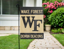 Load image into Gallery viewer, wake forest university garden flag hung outside for yard decor
