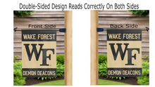 Load image into Gallery viewer, wake forest wf demon deacons logo reading correctly on both sides of black and gold garden flag
